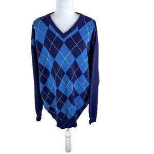 Pringle Sport Scotland Blue Argyle 100% Lambswool Luxury Knitwear Golf Sweater L
